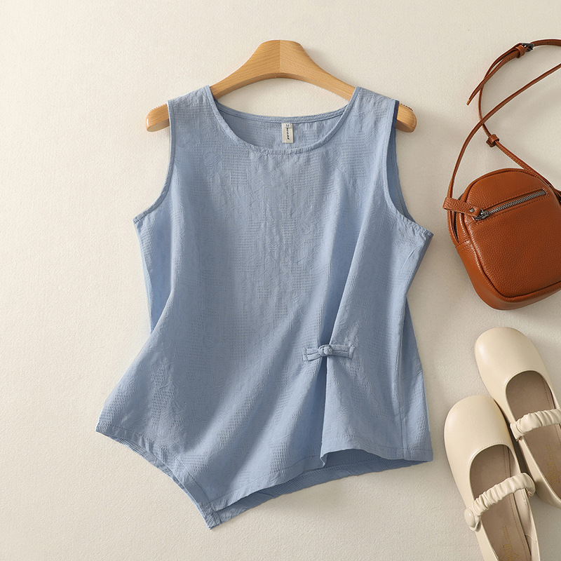 Real Shot of 2025 New Summer Style Artistic Loose Buckle Pure Color Round Neck Sleeveless T-Shirt Women's Vest Top # 6184