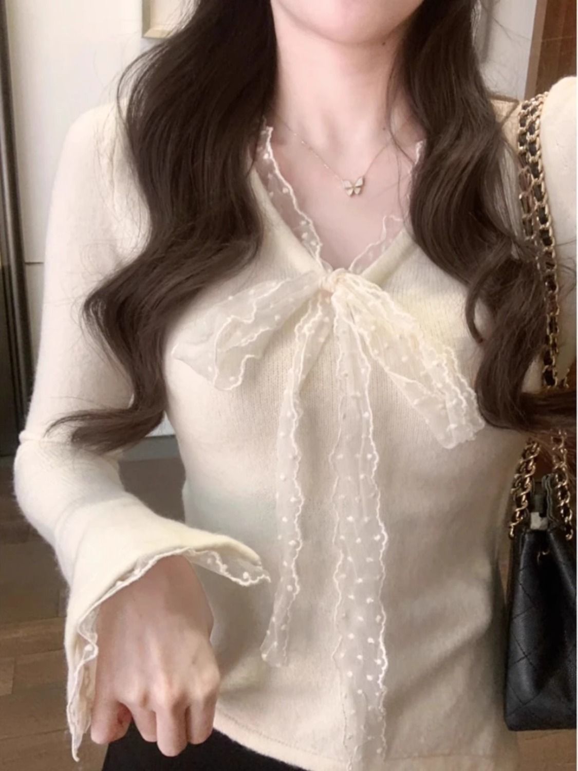 Damen Strick Langarmshirt, Thermo Bluse Mit Spitzen V-ausschnitt_voghion.com