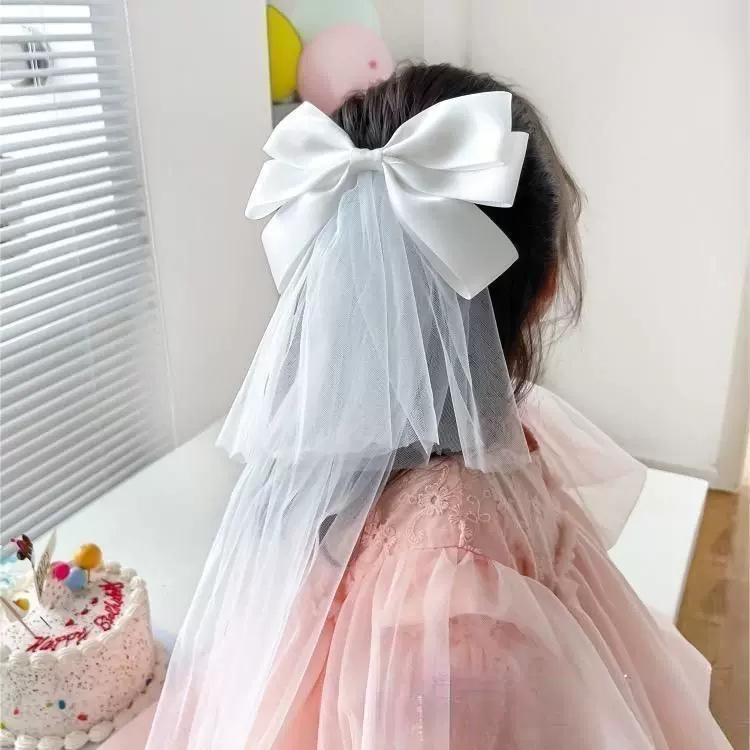 女童仙气蝴蝶结公主头纱发饰甜美可爱后脑勺白色网纱发夹花童发卡