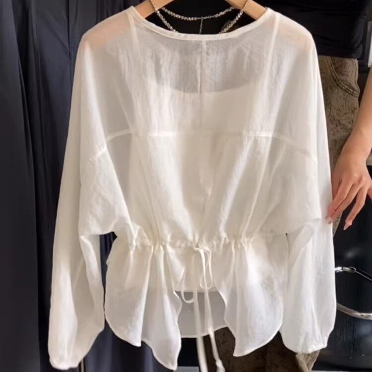 Back Slit Shirt with Tie, White Sun-Protective Shirt for Women, Summer Lazy Style, Thin and Stylish, Waist-Cinching, Slimming Top