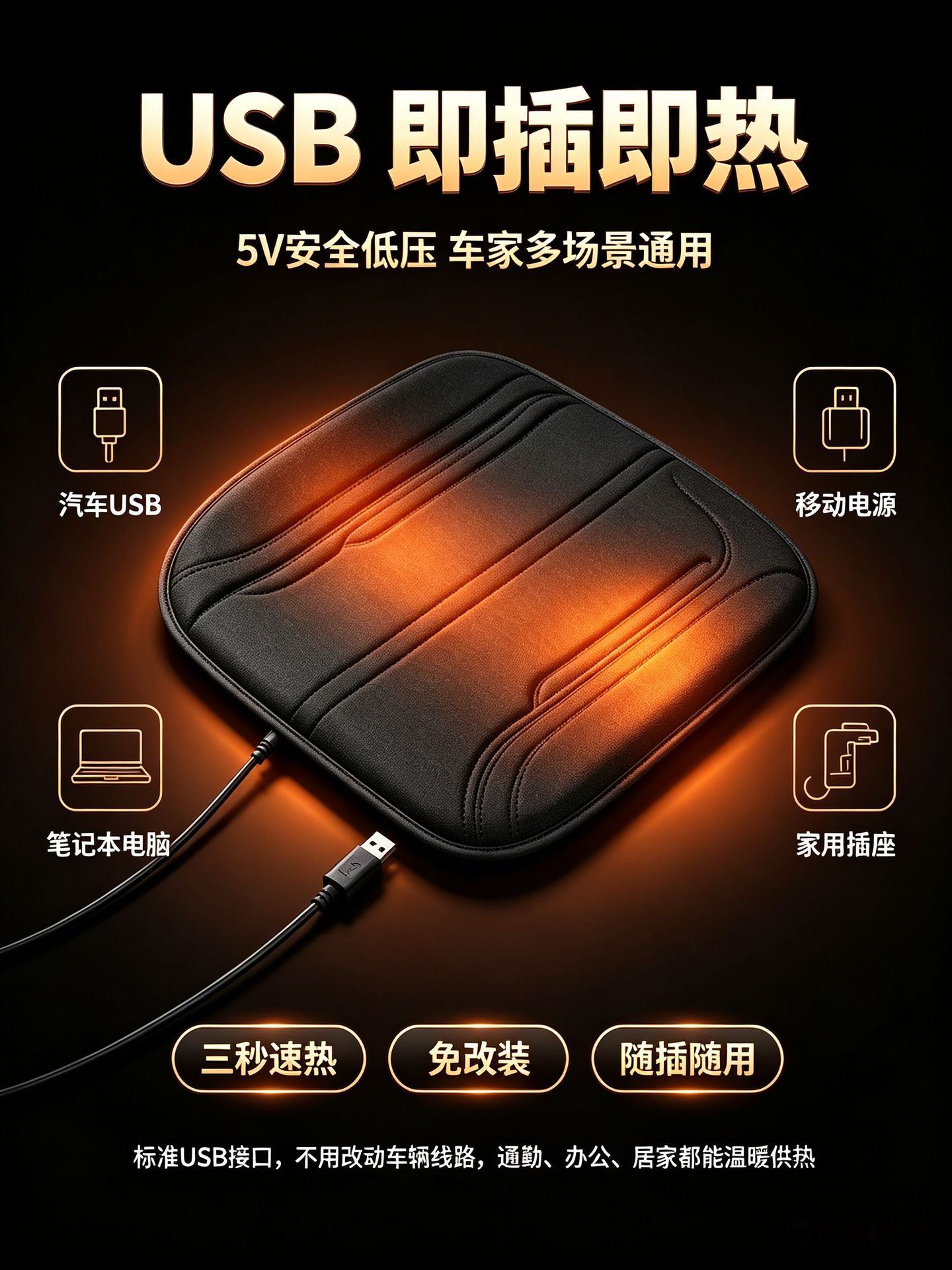 Nano silver electric heating wire car seat cushion USB universal 5v for car and home use, heating and warming seat pad, specifically for winter