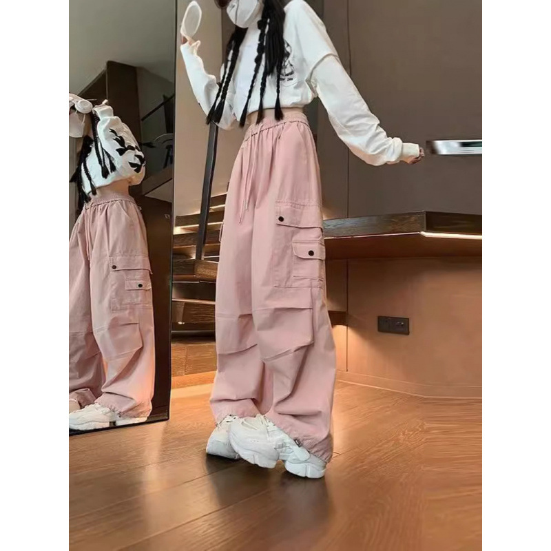 美式三扣束脚工装裤女秋冬新款宽松高腰直筒多巴胺运动工装阔腿裤