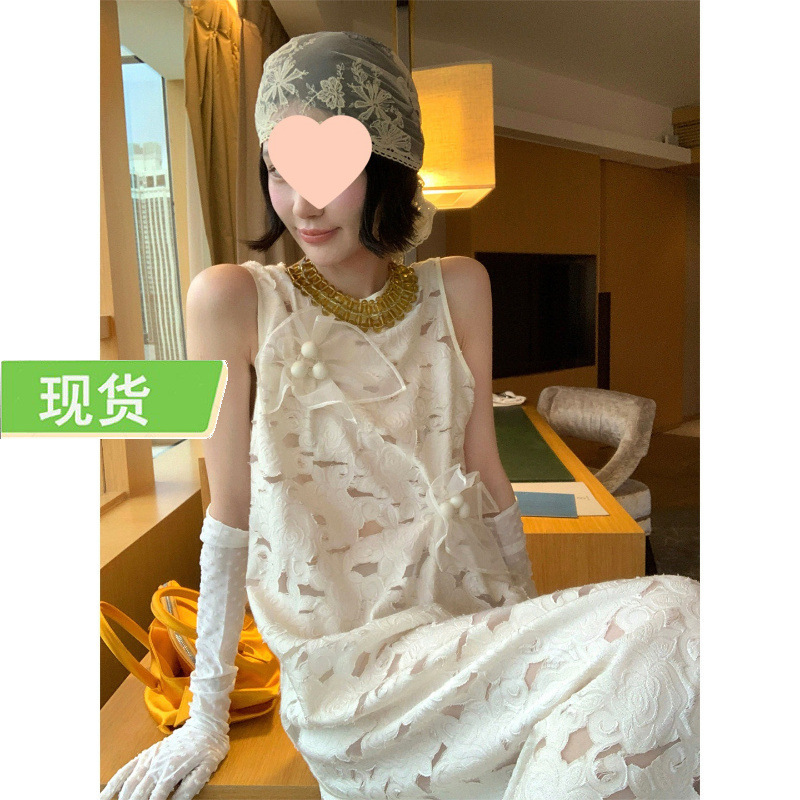 Mona Zhang Qixian Pearl Yarn Square Scarf Set Simple V-Neck Camisole/Straight Loose Skirt/Sleeveless Dress Mona Zhang Qixian Pearl Yarn Square Scarf Set Simple V-Neck Camisole/Straight Loose Skirt/Sleeveless Dress