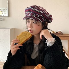 新款复古条纹撞色秋冬贝雷帽子女百搭圆顶显脸小百搭画家帽蓓蕾帽