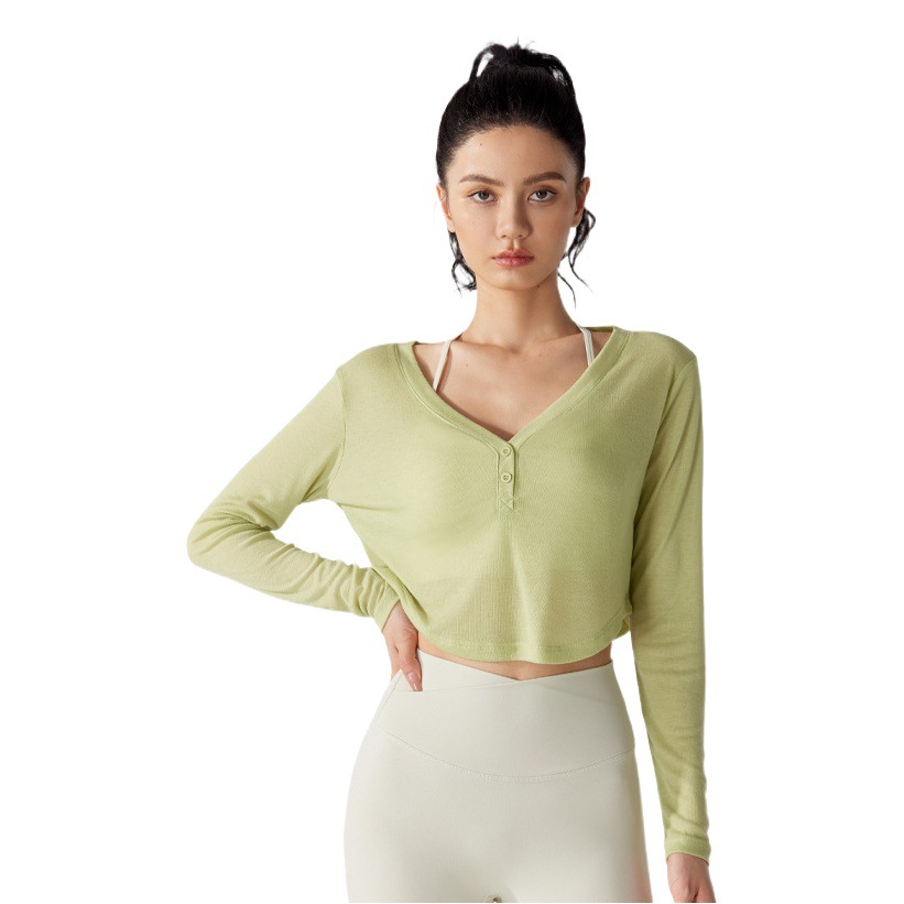Blusa deportiva de manga larga holgada y transpirable con cuello en V de Tencel para mujer, ideal para yoga, correr y fitness, de secado rápido, para primavera, verano y otoño, al por mayor.