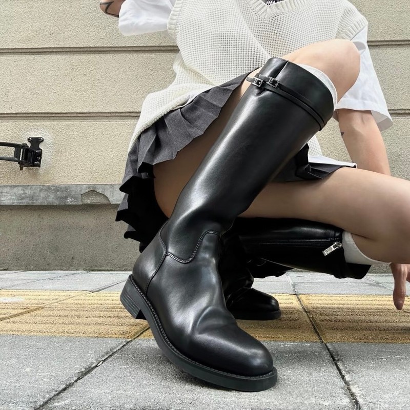 羊皮版~法式复古不过靴长筒靴女2025秋冬新款皮带扣源头骑士靴女|undefined