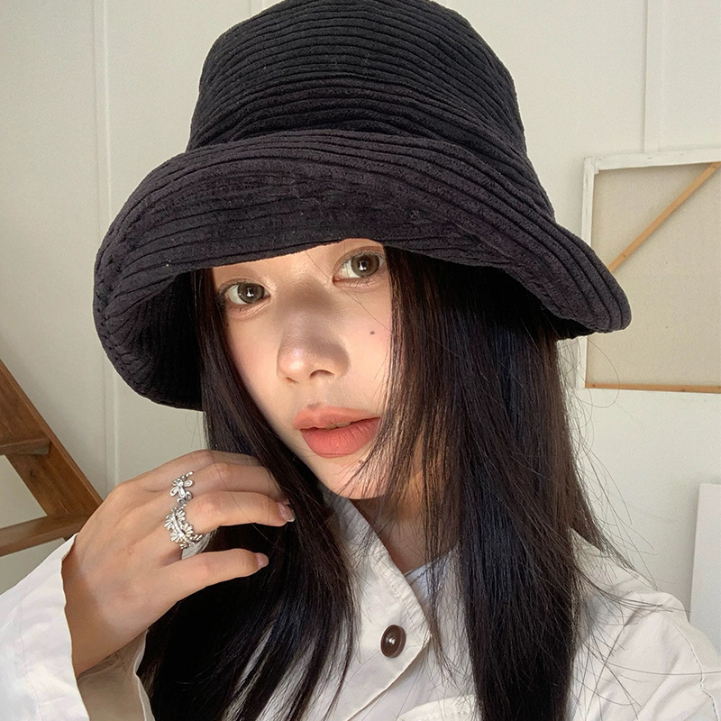 日系复古大檐可卷边灯芯绒渔夫帽冬纯色休闲百搭文艺素颜遮脸盆帽|undefined