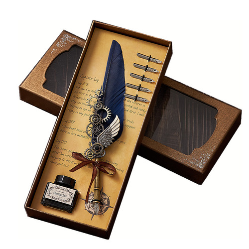 Elegant Vintage Feather Pen with Water Feeder, Mechanical Punk Gift Box Set with Engraving Seal, Birthday Gift