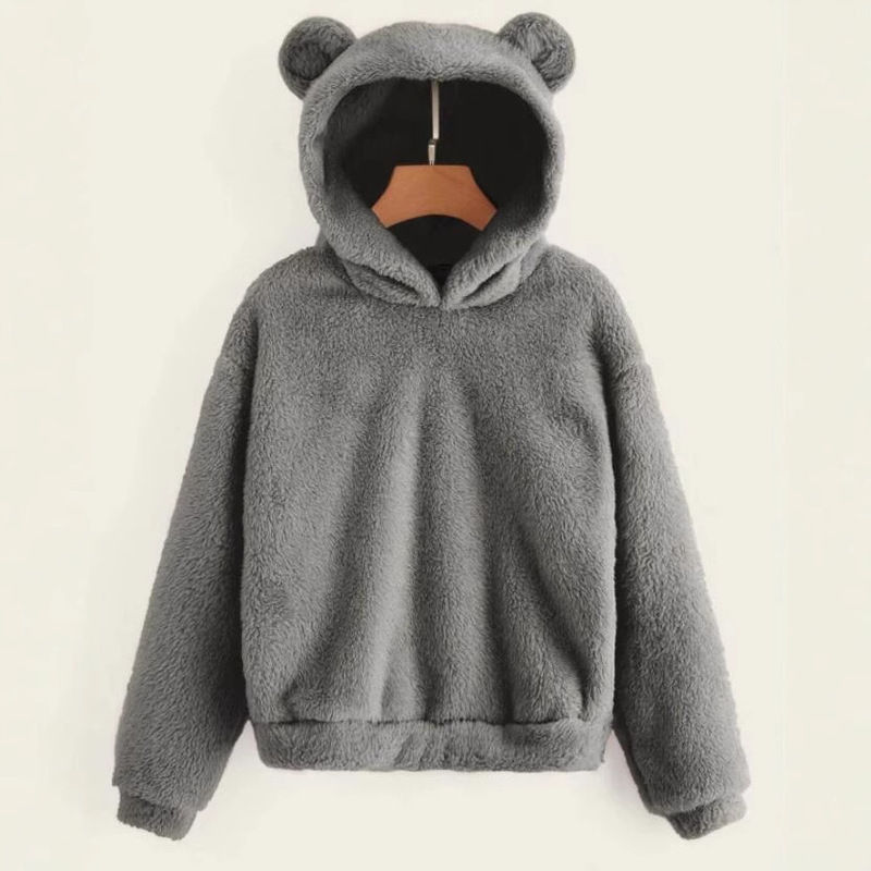 AliExpress European and American autumn and winter double-sided plush hooded with ears warm pullover sweater solid color long sleeve top
