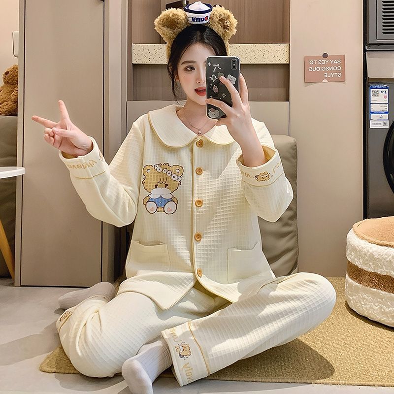 空气棉夹层睡衣女秋冬季新款加厚甜美简约开衫长袖套装保暖家居服|undefined