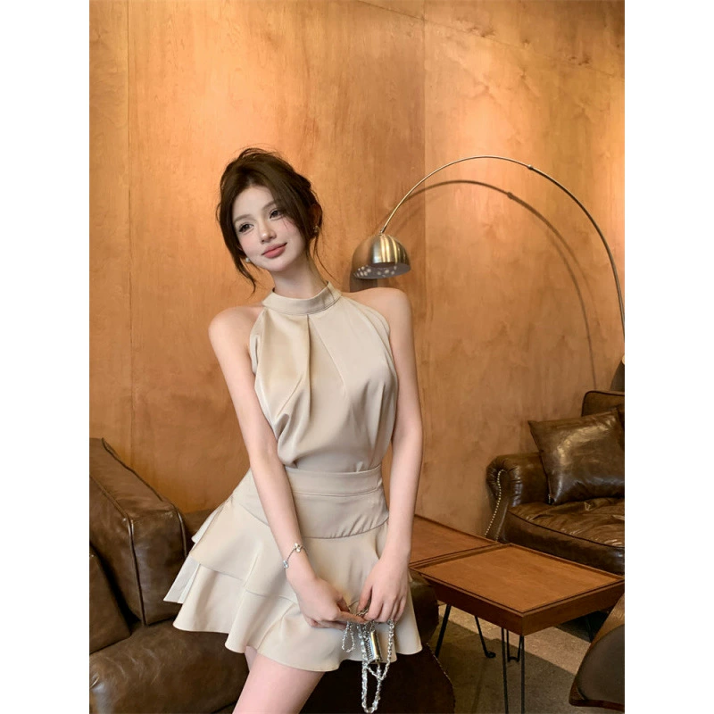 Без рукавов жилетка топ женский маленький летний костюм с рюшами торт половина юбка темперамент набор из двух частей