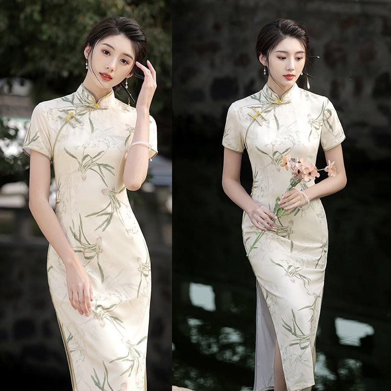 New Chinese-style Elegant Improved Cheongsam Dress For Women, Summer New Design With Buttons, Slit, And Printed Pattern_ecoleips.com