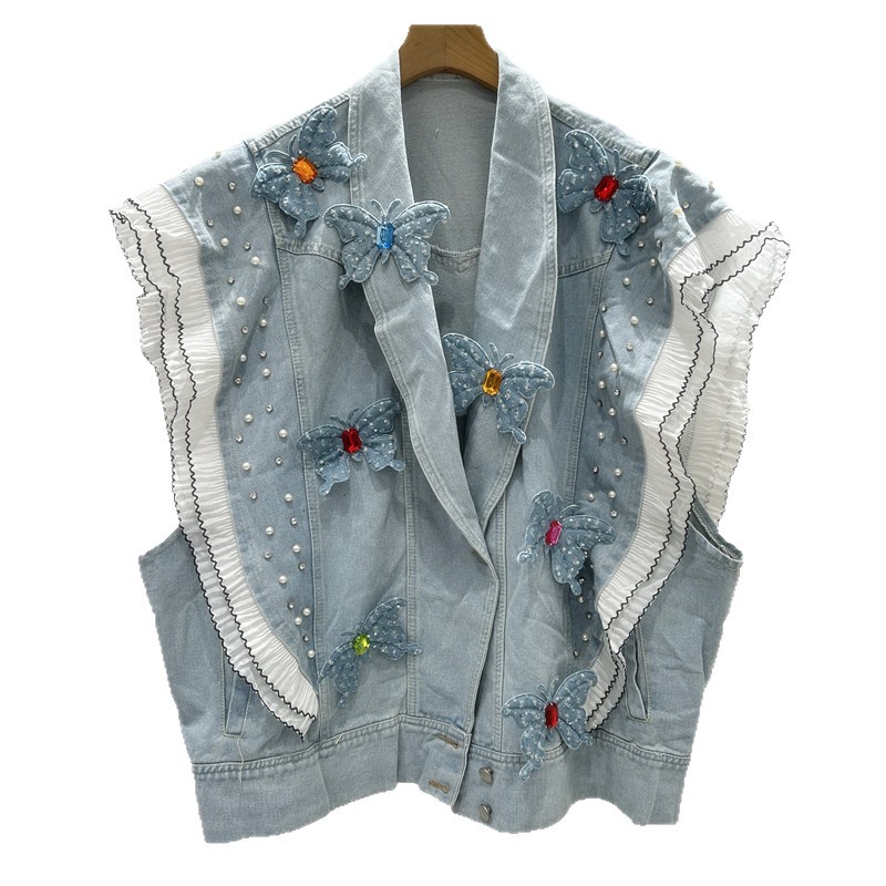 Estación europea de primavera y verano de 2025 nueva empalme de hoja de loto borde suelto versátil mariposa tridimensional jeans clip cardigan chaqueta image 1
