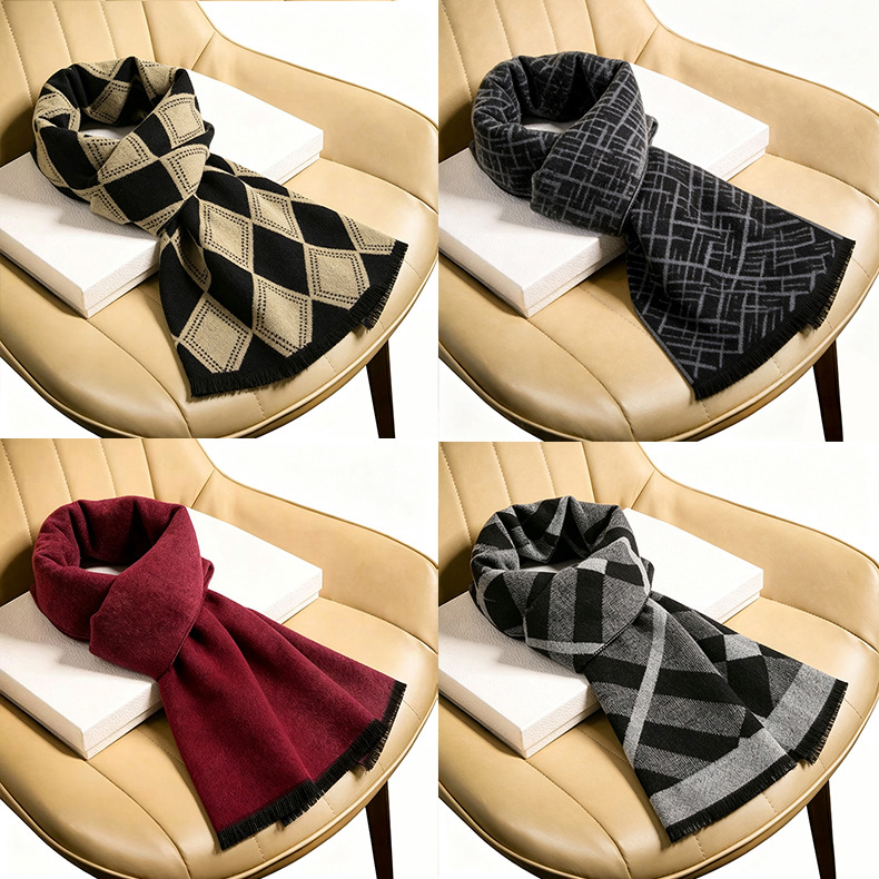 New men's wool blend scarf, warm and thick plaid scarf for winter, men's high-end long neck warmer, customizable