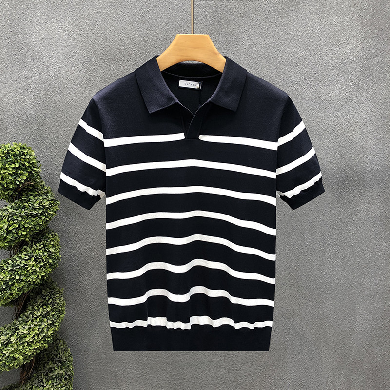 Polo camiseta de punto camiseta de manga corta camiseta de hombre cuello en V gaviota cuello rayas viejas líneas de viento de verano fábrica transfronteriza mayorista