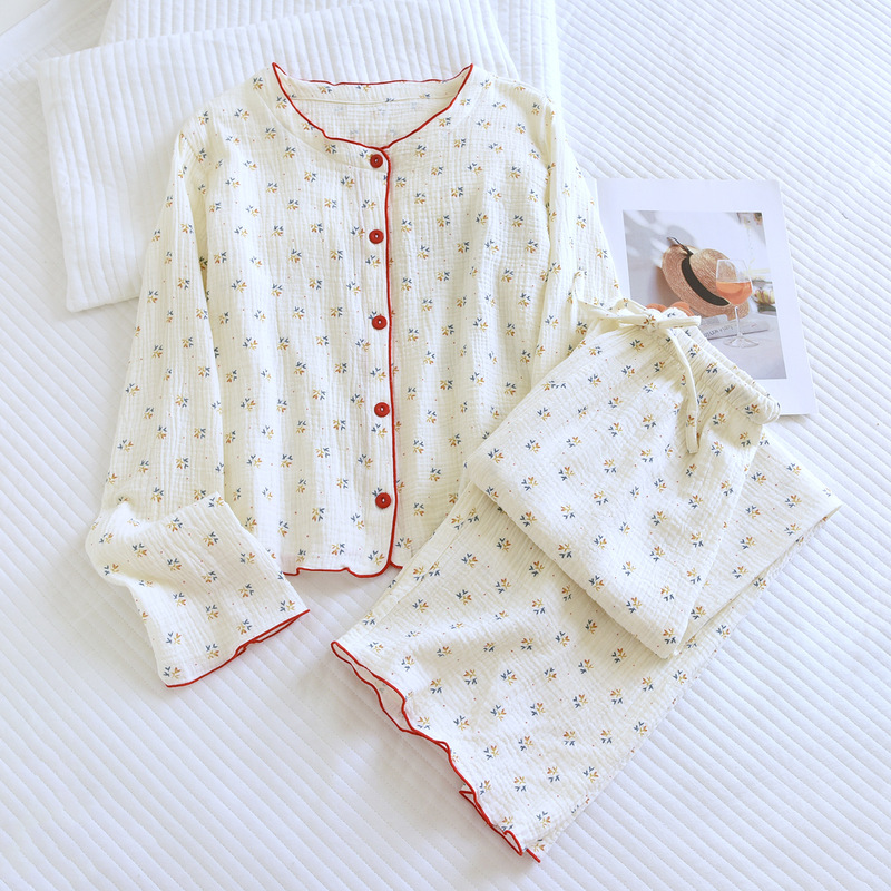 Pure Cotton Crepe Home Clothes Spring and Autum Pajamas Long-Sleeved Thin Cotton Double-Layer Cotton Gauze Sweet Home Clothes Two-Piece Set