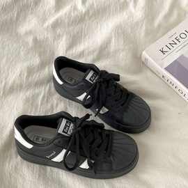 黑色厚底贝壳头板鞋女2024新款秋季复古休闲运动鞋百搭学生小白鞋