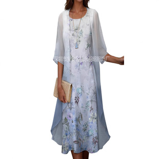 2025 Summer Cross-border Independent Station Amazon Printed Medium Long Sleeve Loose Multi-color Two-piece Jacket Chiffon Europe and America