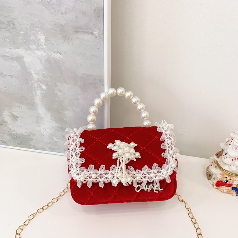 Bolso de niños nuevo bolso de perla rojo de Año Nuevo lindos princesas niñas bolso de hombro de cadena de estilo extranjero bolso de mochila