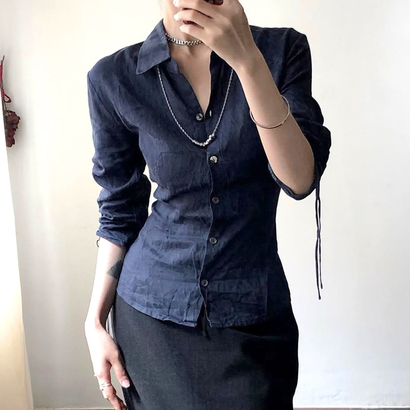 藏青色抽褶中袖收腰版衬衫2025秋季新品气质欧美风开衫单排扣上衣|undefined