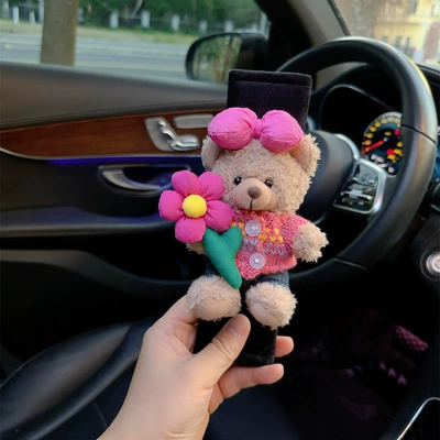 Seat belt shoulder pad, Car Seat Belt Shoulder - pink-coat-rose-red-flower-bear-shoulder-pads