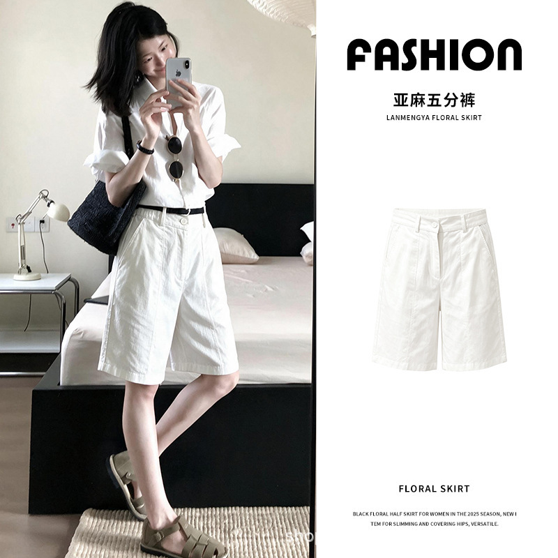 White linen suit shorts for women, new summer style, old money style, Tencel cotton-linen wide-leg shorts, mid-length pants for petite women White linen suit shorts for women, new summer style, old money style, Tencel cotton-linen wide-leg shorts, mid-length pants for petite women