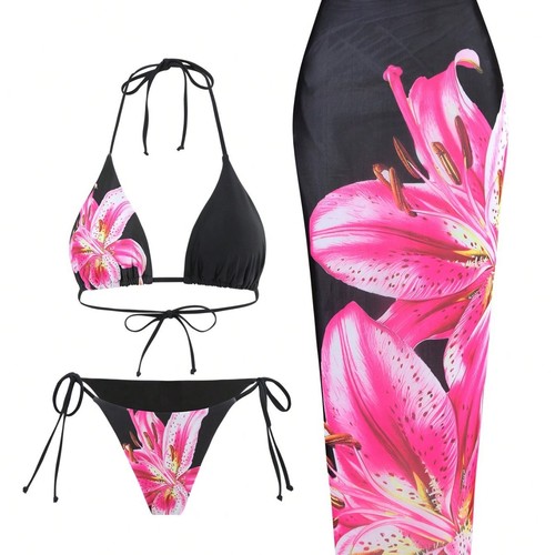 European and American style sexy printed three-piece swimsuit, charming Lily fixed edition printed design