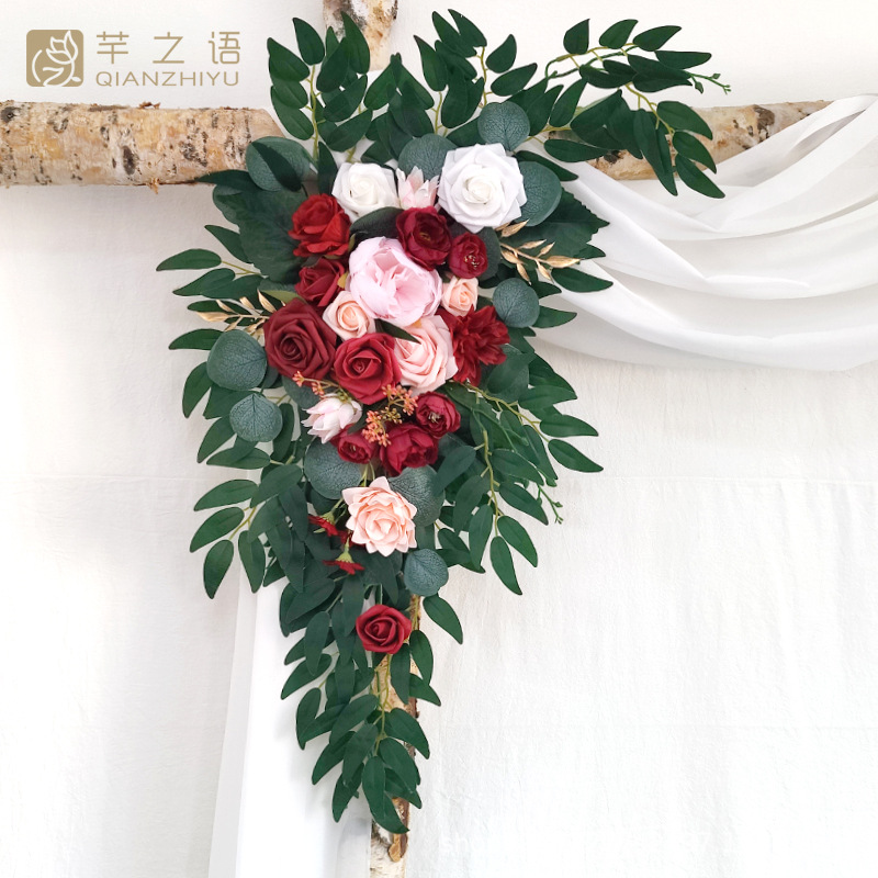 新款手工制作仿真絹花復古紅拱門花門楣花戶外婚禮活動裝飾背景