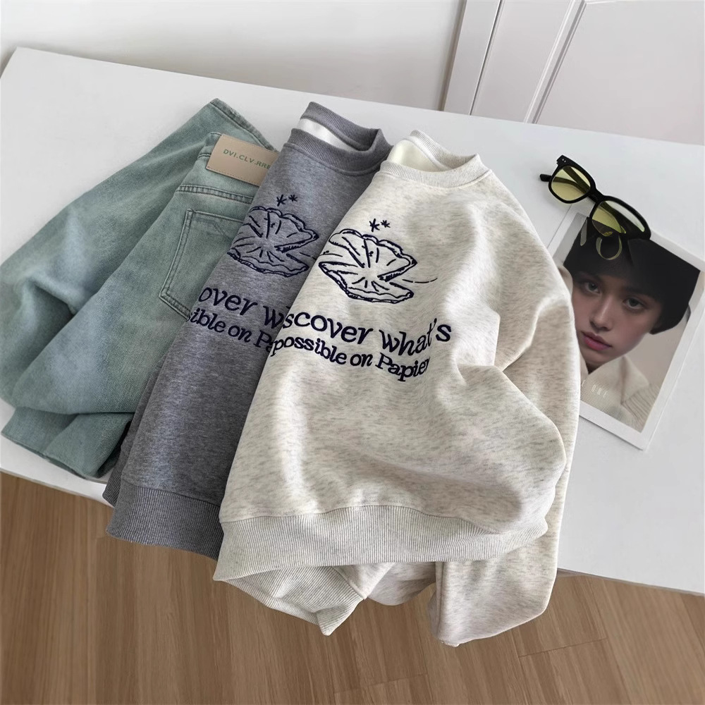 Fashionable Shell Embroidery Plus Velvet Sweater For Women Loose Versatile Autumn And Winter Warm Round Neck Pullover Top Coaty