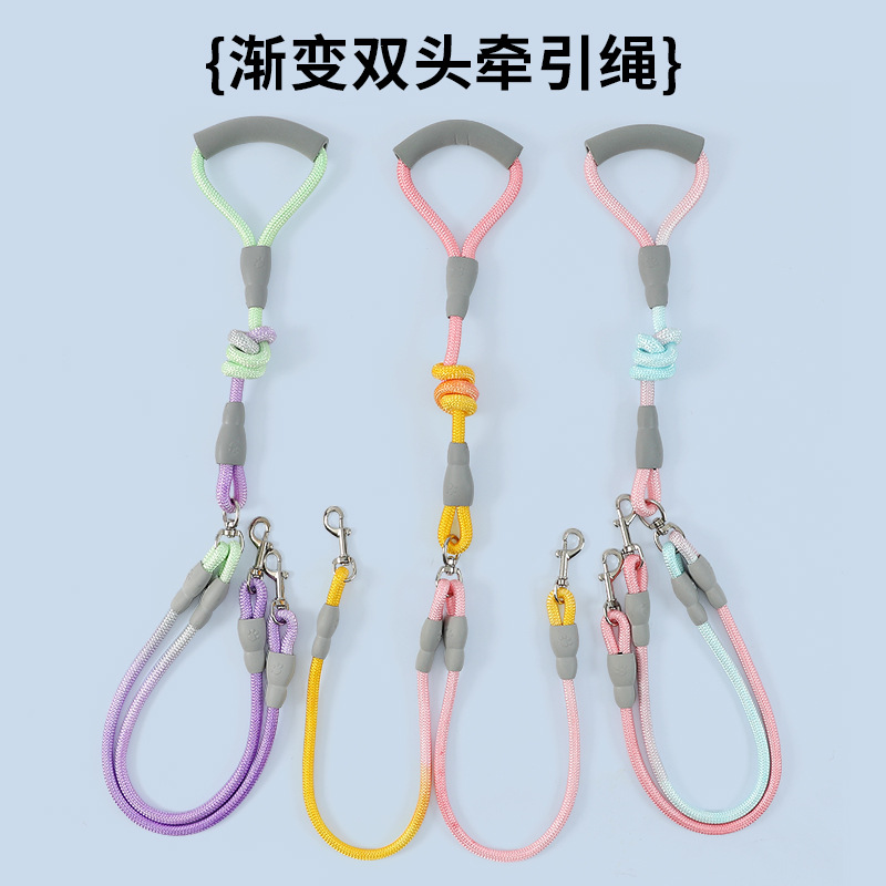 Cuerda para pasear a los perros de doble cabeza de color degradado, una correa para dos mascotas, cadena para perros de tamaño mediano anti-bobinado, correa para perros