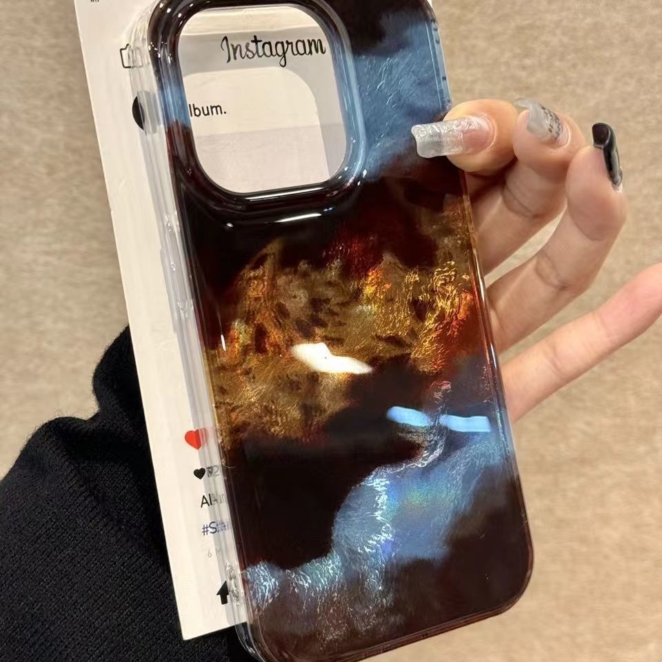 个性小众棕蓝晕染手机壳适用苹果16promax漩涡iphone15保护套女13