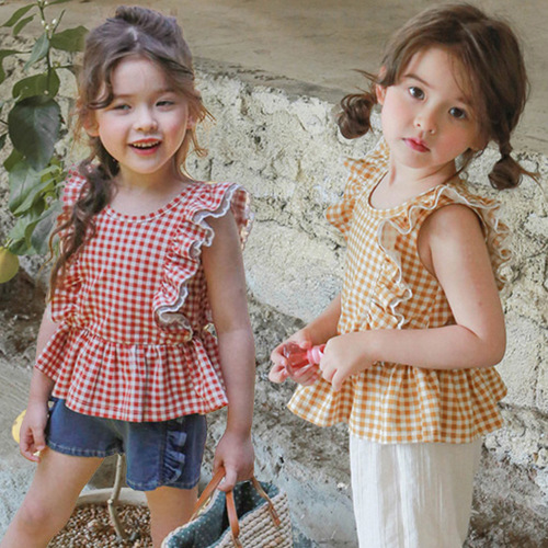 Girls' Gingham Ruffled Vest 2024 Summer Sleeveless Doll Shirt 3-10 Years Children's Pure Cotton Trimmed Shirt 