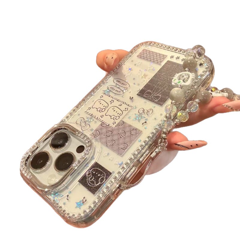 漫画かわいい KT 猫リボンコラージュラベル Apple 16promax 携帯電話ケース iphone15 ダイヤモンドがちりばめられています|undefined