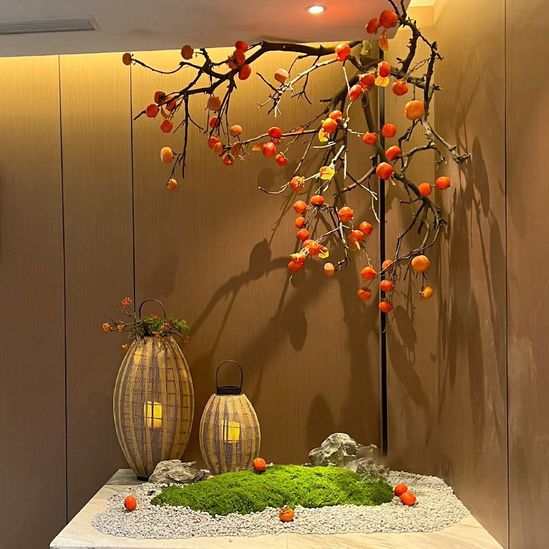 仿真柿子树假树餐厅会所新中式禅意日系软装餐厅植物造景室内装饰