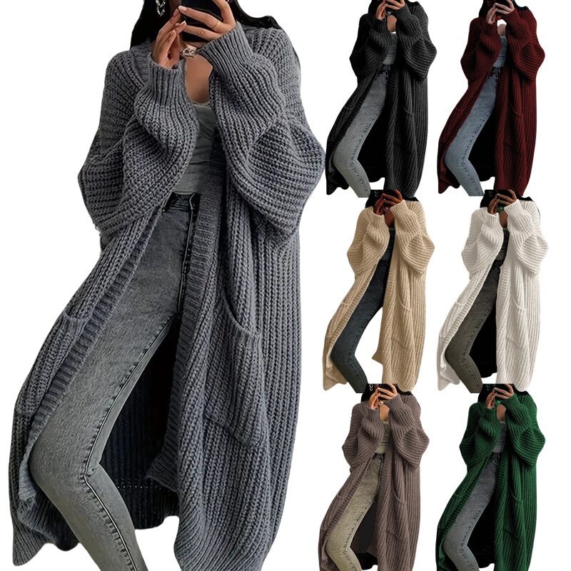 Cross-Border Export Long Thick Woolen Outwear for Women Spring and Autum New Style Lazy Style Loose Pure Color Versatile Knitted Cardigan