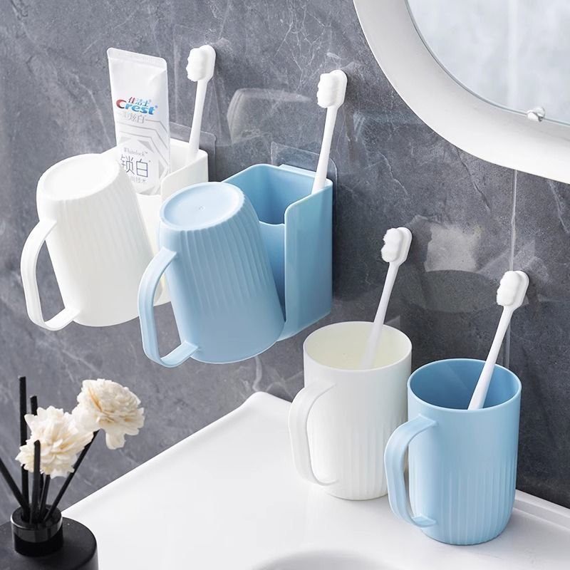 Toothbrush Holder, No-Drill Adhesive Wall-Mounted Storage Rack Set, Toothbrush Cup, No-Drill Installation Steps Diagram