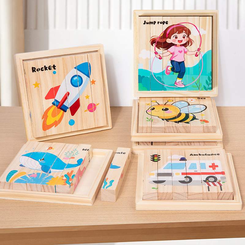 Educación infantil de madera ensamblada jardín de infantes iluminación juguetes de puzzle gran partícula cuadrada pintura 3D puzzle de bloques tridimensionales