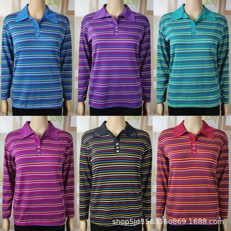 Весенне-осенняя футболка с длинными рукавами и лацканами, модная одежда для мам, рубашка в полоску из хлопка с нитью, топы для женщин среднего и пожилого возраста