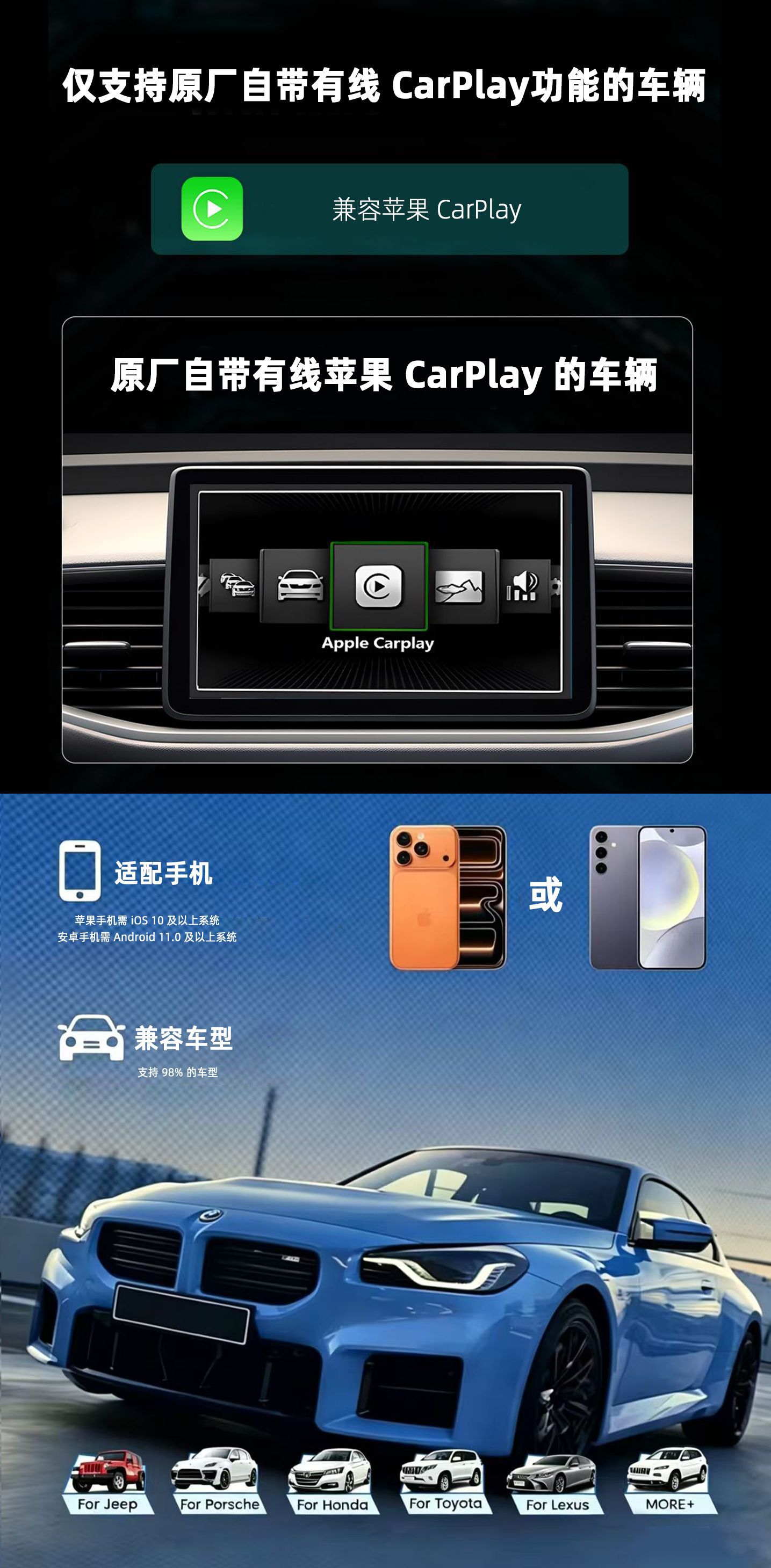 Wired to wireless CarPlay connectivity box with Android 15.0 system, 4GB+32GB, supports screen mirroring & split screen