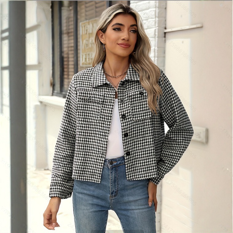 Cross-Border New Houndstooth Flannel Short Jacket Women's Casual Jacket Long-Sleeved Autumn Fashion Jacket Cross-Border New Houndstooth Flannel Short Jacket Women's Casual Jacket Long-Sleeved Autumn Fashion Jacket