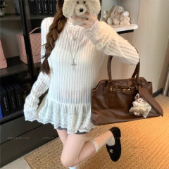 设计感拼接蕾丝花边长袖T恤女装秋季小众减龄百搭打底衫显瘦上衣