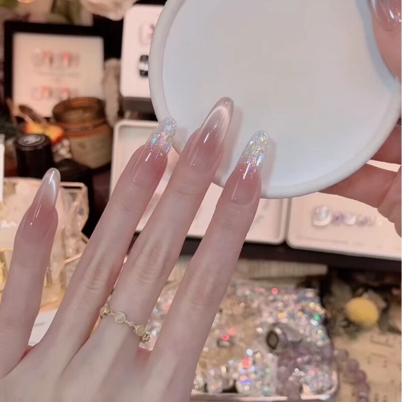 [Magic Elf] Nude Pure Handmade Nail Pieces Mid-Length Summer Whitening Colorful Aurora Cat Eye Wearable Nails