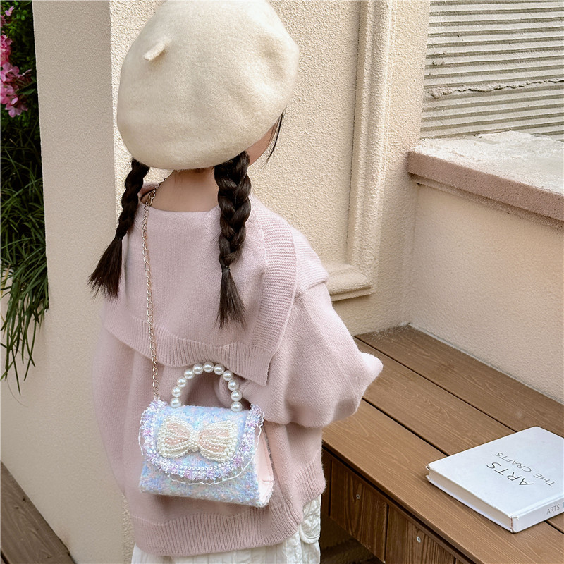 Colorido lentejuelas de los niños bolsa arco accesorios princesa estilo occidental perla bolso coreano mini cadena mensajero bolsa