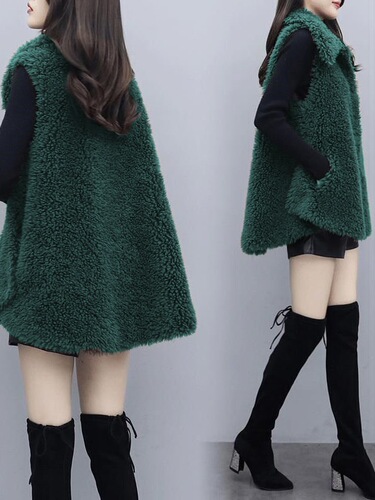 Women's New Autumn/Winter Faux Lamb Fleece Vests, Long-Sleeve Loose Peacoat Jacket