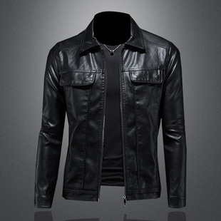 2024 Spring New Men's Long Sleeve Slim Fit Leather Jacket Lapel Solid Color Leather Jacket Men's Motorcycle Leather Jacket Top