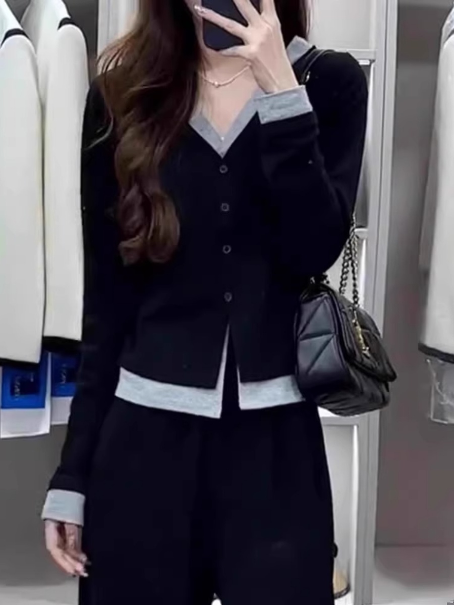 블랙 페이크 투피스 V 넥 긴팔 티셔츠 여성용 초가을 뉴 플러스 사이즈 통통녀 베이스 셔츠 슬림 니트 카디건 탑