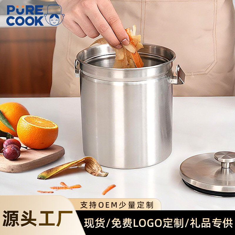 304 Stainless Steel Kitchen Waste Trash Can with Lid, Odorless Kitchen Countertop Peel Storage Bucket, Mini Food Waste Trash Can