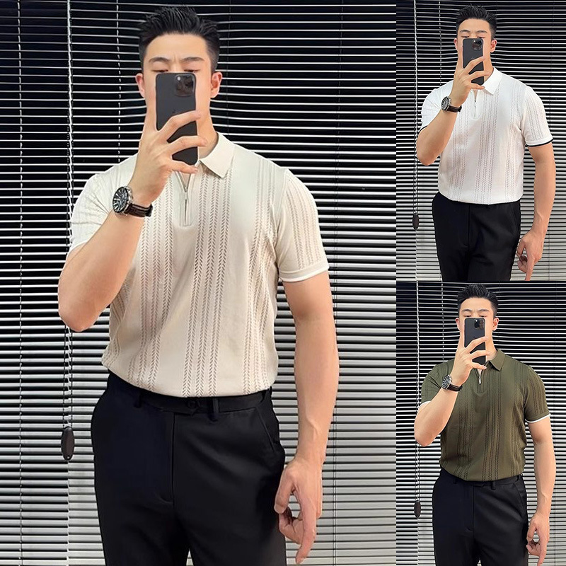 Polo camiseta de punto camiseta de manga corta hombre solapa medio cremallera hueso de pez hueco camiseta de hielo de verano fábrica transfronteriza al por mayor
