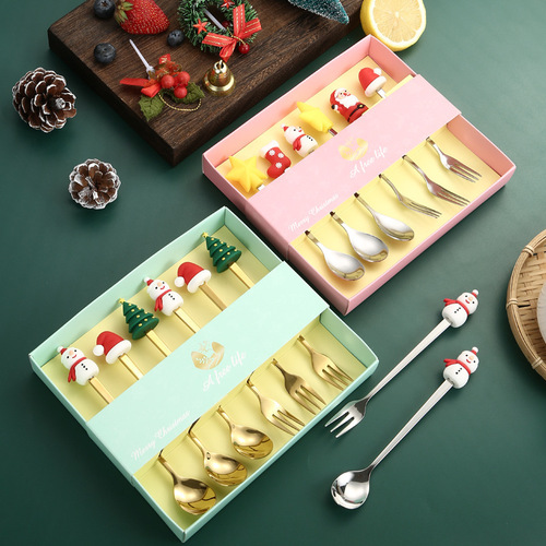 Christmas stainless steel spoon and fork set gift box set creative Instagram style high-end dessert fork and stirrer
