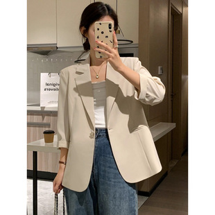 Beige Blazer for Women Petite Short Style 2025 Spring and Summer New Korean Style High-End Three-Quarter Sleeve Thin Suit